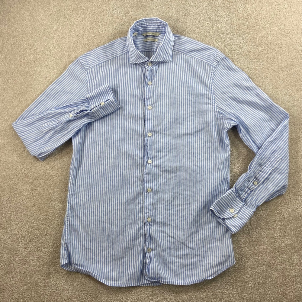 Suitsupply Linen Blend Button Down Shirt Mens 15 Blue White Striped Slim Fit - Picture 2 of 11